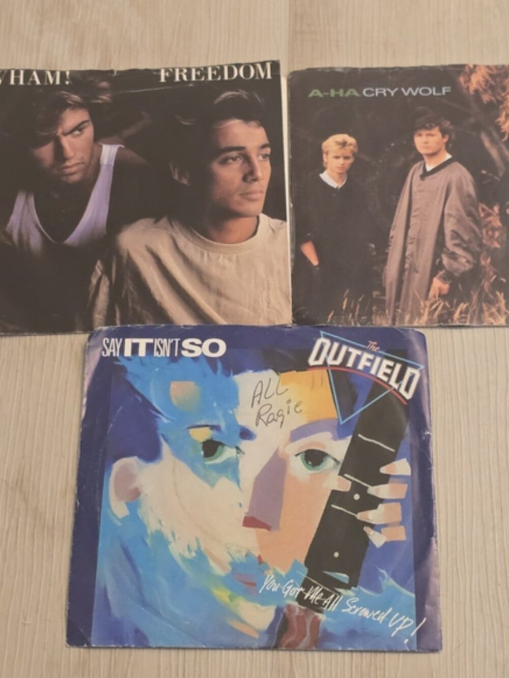Lot of 3 1980s Vinyl Record 45 Picture Sleeves Wham! A-ha Outfield
